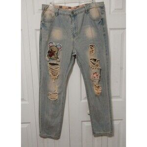 Ripped Streetwear Y2K Patchwork Teddy Bear Jeans Straight High Rise Men's 40/31
